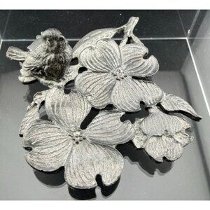 Vintage Sculpture Metal Bird Dogwood Flowers Footed Signed 751 DOG 3.5"